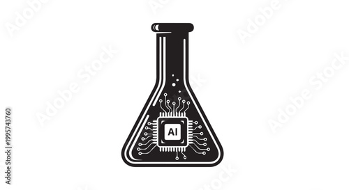 Foto Erlenmeyer flask with AI microchip for science and biotechnology research