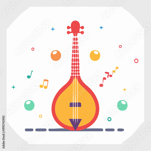 Flat Design Illustration of a Sitar with Musical Notes