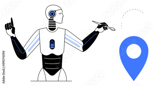 Artificial intelligence, smart navigation, futuristic design, technology integration, robotics, digital mapping. Human-thumbs up robot holding a location point icon with a stylus. Artificial
