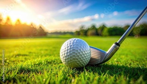 Golf ball resting on lush green grass next to a metal club head on a scenic course during a beautiful sunset