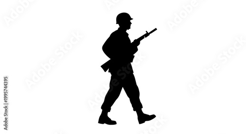 Canvas-taulu Silhouette soldier with rifle walking, isolated on transparent background