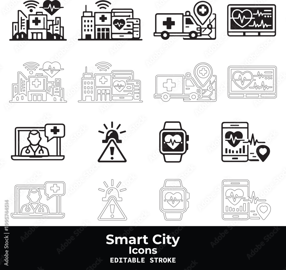 Fototapeta premium Smart City Black Vector Icon Set with Urban Technology and IoT Infrastructure Symbols
