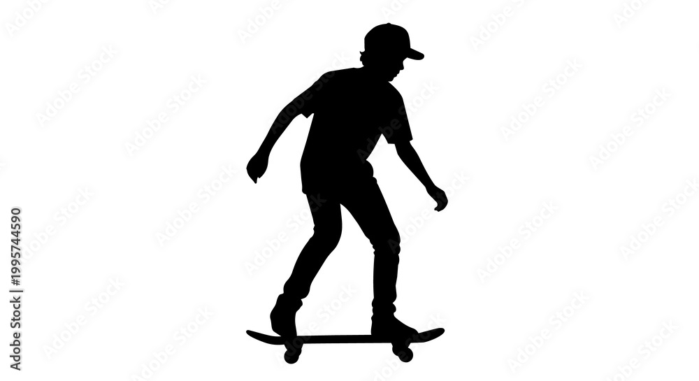Fototapeta premium Silhouette of a young person wearing a cap riding a skateboard, isolated on transparent background