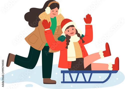 Girls ice skating on frozen lake