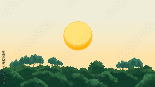 Digital illustration of a sunset over a forest, featuring a layered sun and trees
