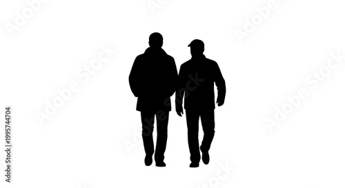 Two men walking side by side, isolated on transparent background