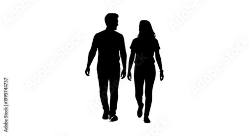 Black silhouette of a couple walking together, isolated on transparent background