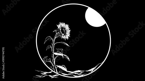 A stark, artistic image of a sunflower within a circle, set against a black backdrop