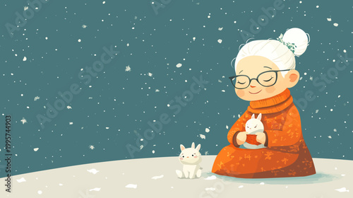 Illustration of a serene winter scene with an elderly person, bunnies and falling snow