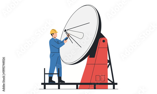Satellite dish technician repairing antenna on white background