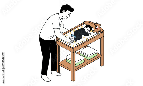 Father Caring for Sleeping Baby on Changing Table Illustration