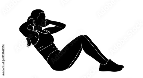 Bilde på lerret Silhouette of a woman performing a crunch exercise, isolated on transparent back