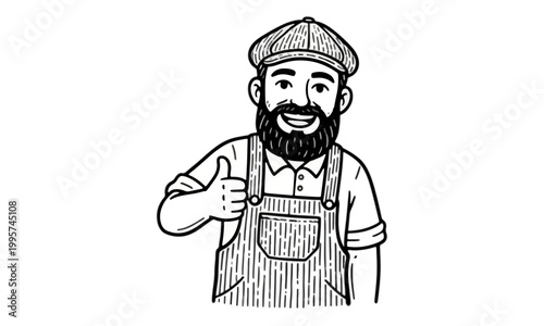 Bearded Man in Overalls Giving Thumbs Up Line Art