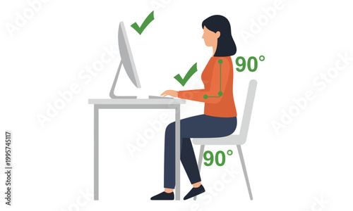Woman Sitting with Correct Ergonomic Posture at Computer Desk