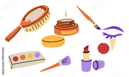 Set of various makeup and beauty accessories including lipstick, brushes, eyeshadow palette, and a hairbrush. Colorful flat illustration of cosmetic products for theater backstage, beauty salon