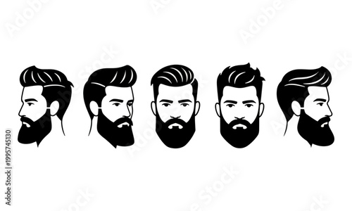 Bearded men hairstyle icons with different head angles set