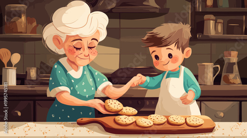 An elderly woman bakes cookies with a young boy in a kitchen, sharing a heartwarming moment