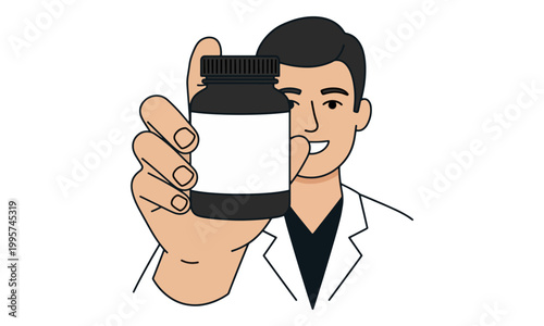 Doctor holding blank medicine bottle mockup on white background