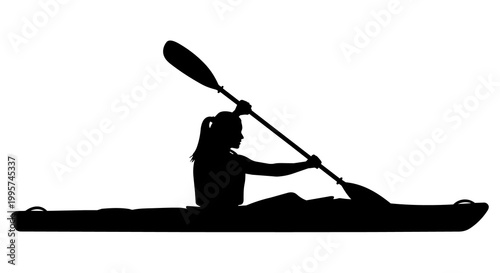 Woman paddling a kayak with a double-bladed oar, isolated on transparent background