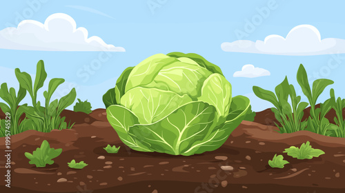 A vibrant cartoon illustration of a cabbage, growing in fertile soil under a blue sky