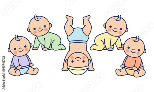 Cute babies group illustration set with various active poses vector