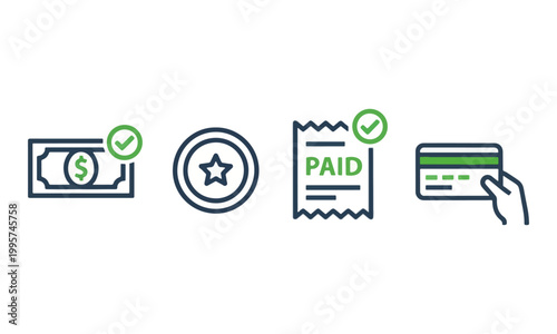 Payment Method Icon Set with Cash Coin Receipt and Credit Card Vector