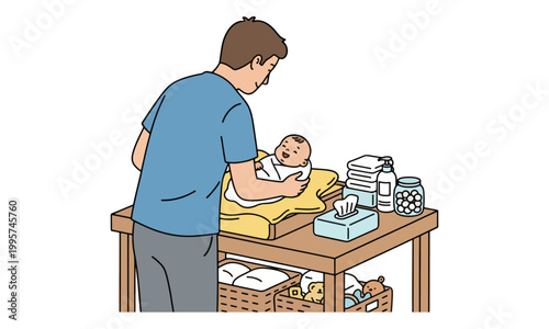 Father swaddling a happy baby on a changing table vector illustration