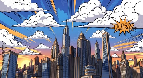 City skyline with comic book style clouds