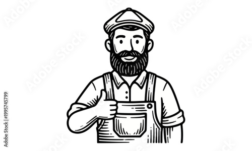Bearded Handyman Character Giving Thumbs Up Line Art Illustration
