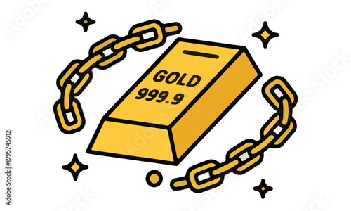 Gold Bar with Chain and Sparkles Vector Illustration Finance Concept