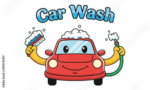 Cute Red Cartoon Car Wash Character with Brush and Hose Illustration