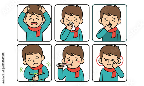 Sick Boy Illness Symptoms Cartoon Character Vector Illustration Set