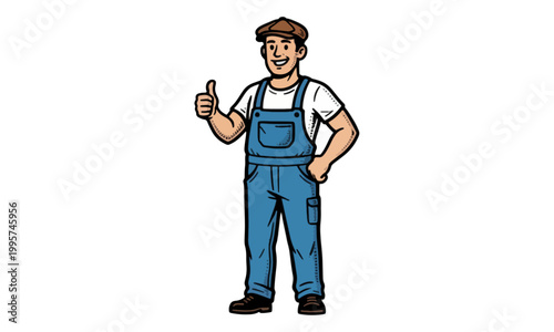 Friendly repairman in blue overalls giving thumbs up vector icon