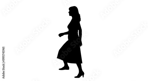 Black silhouette of a woman in a dress walking up stairs, isolated on transparent background