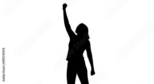 Silhouette of a woman with raised fist, isolated on transparent background