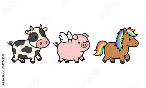 Cute Cartoon Farm Animals Set with Cow Flying Pig and Rainbow Horse