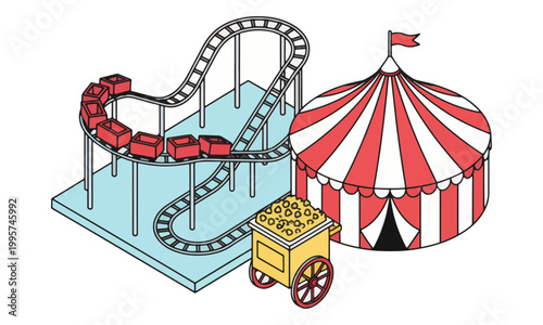 Isometric Amusement Park Vector with Roller Coaster and Circus Tent