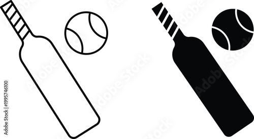 Cricket bats and balls icons in line and solid styles