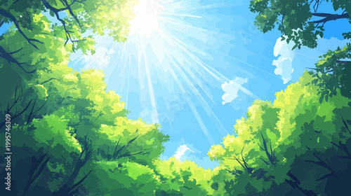 A vibrant digital illustration of sunlight breaking through a canopy of green trees