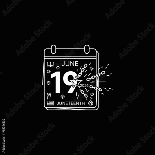Juneteenth celebration calendar icon with chains breaking isolated on white background