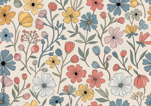 Slika na platnu Whimsical floral pattern with imaginative flowers and flowing lines creating a d