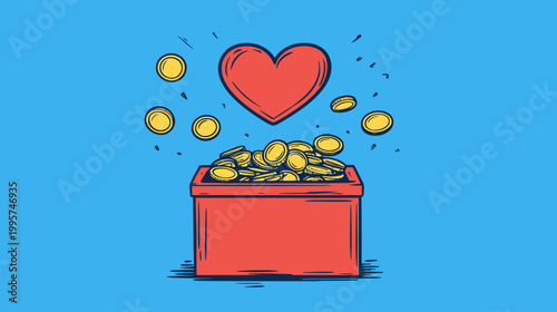 Illustration of a red heart above a box full of coins with some coins floating on a blue backdrop