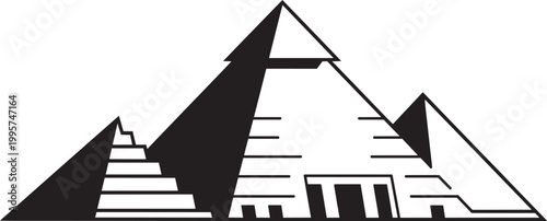 Stylized pyramid illustration with geometric shapes and spotlight effect with black and white