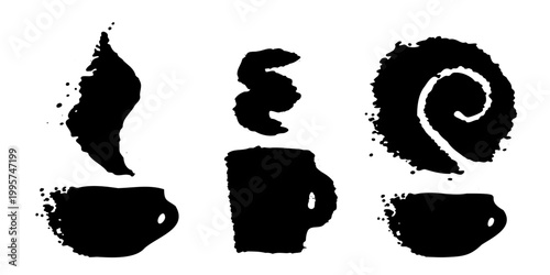 Grunge coffee cup icon. Vintage cafe mug silhouette, retro print poster