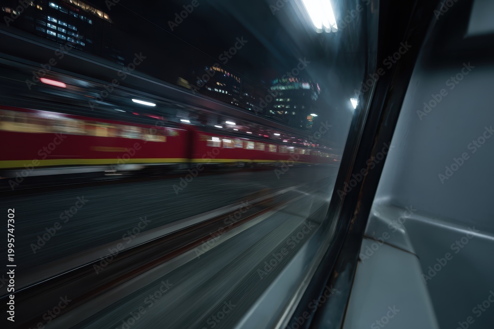 Fototapeta premium 窓から夜の街のスカイラインを通過する列車