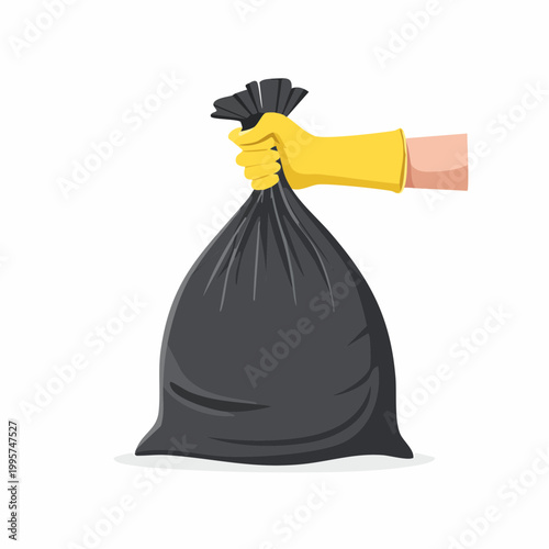 Hand in Yellow Glove Holding a Full Black Trash Bag