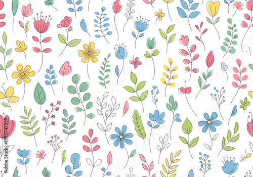 Seamless bouquet scatter pattern with randomly placed flowers creating a natural and effortless composition