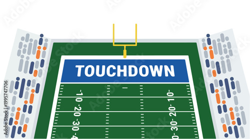Vibrant American football stadium end zone with touchdown sign, yellow goalposts, green field, yard lines and colorful