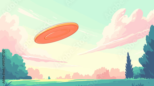 A stylized illustration depicting a frisbee in mid-air against a serene, pastel-colored landscape