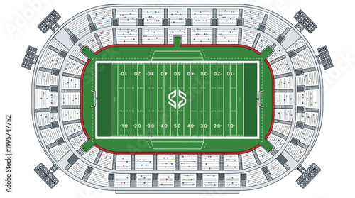 Aerial top-down view of modern oval football stadium with lush green field and tiered spectator stands